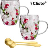 Bol.com Cliste Dubbelwandige Koffieglazen Set van 6x Met Oor en Gratis 6x Lepels - 400ML - Handgemaakt Glas - Echt Gedroogd Bloe... aanbieding