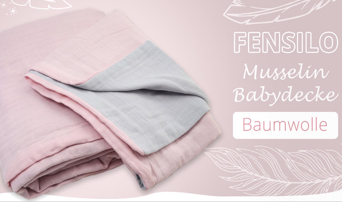 FENSILO Musselin Deken Babydeken 100x145 cm - Dekentje Baby 100% katoen-mousseline, zacht en ademend, Grau Rosa Decke
