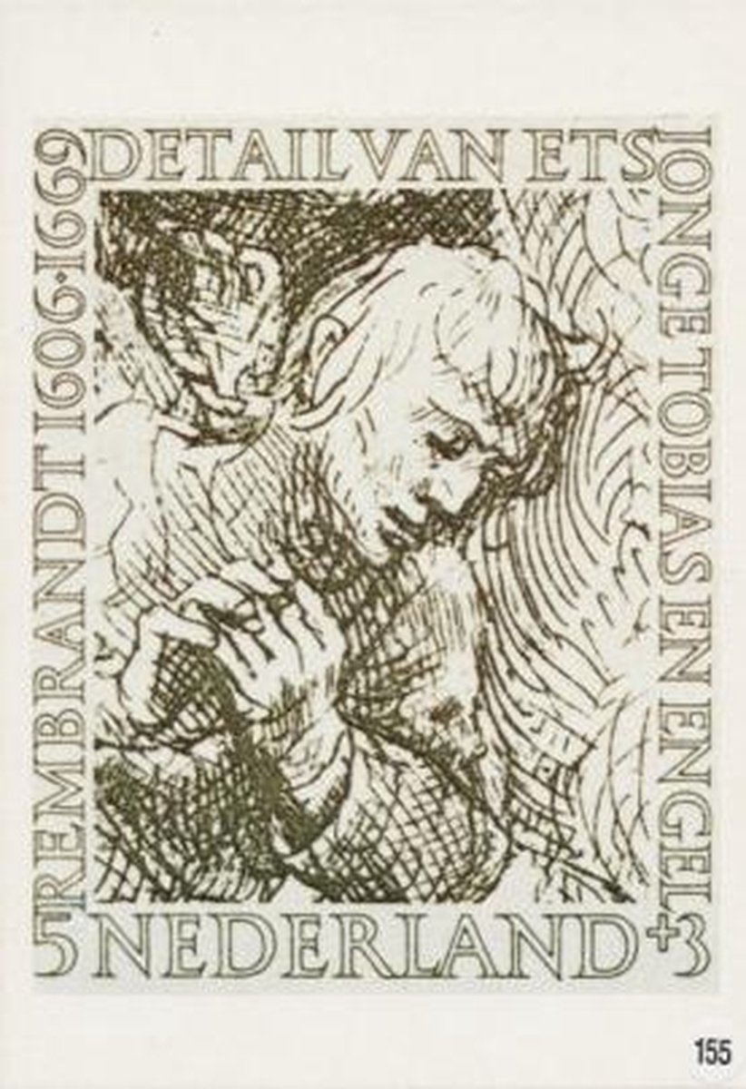 Briefkaart met afbeelding Jonge Tobias en engel - Ets van rembrandt postzegel