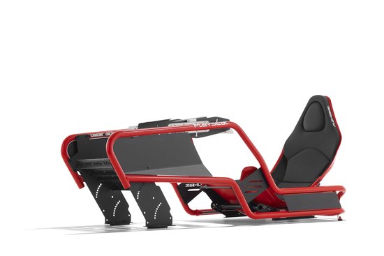Siège de course Playseat Formula Intelligence en métal rouge avec assise noire, vu de l'arrière.