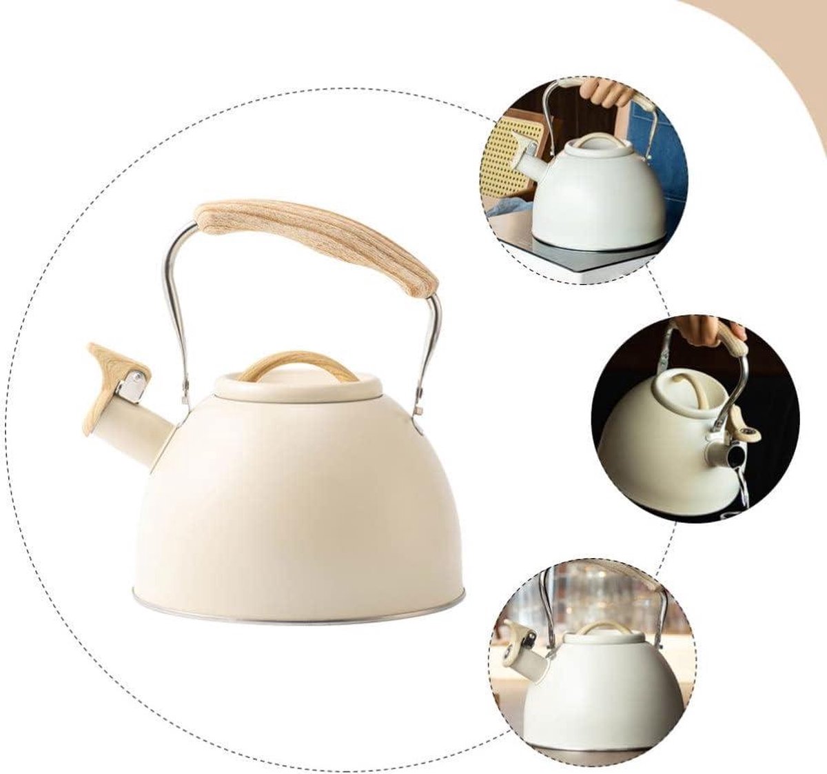 Home Waterkoker Theepot, Fluitende Theeketel, Roestvrijstalen Fluitketel, 3L Warmwaterkoker Ketel, Keukenfornuis Kookplaat Ketel, Drukknopschakelaar Camping Theeketel Theepot (Color : Beige