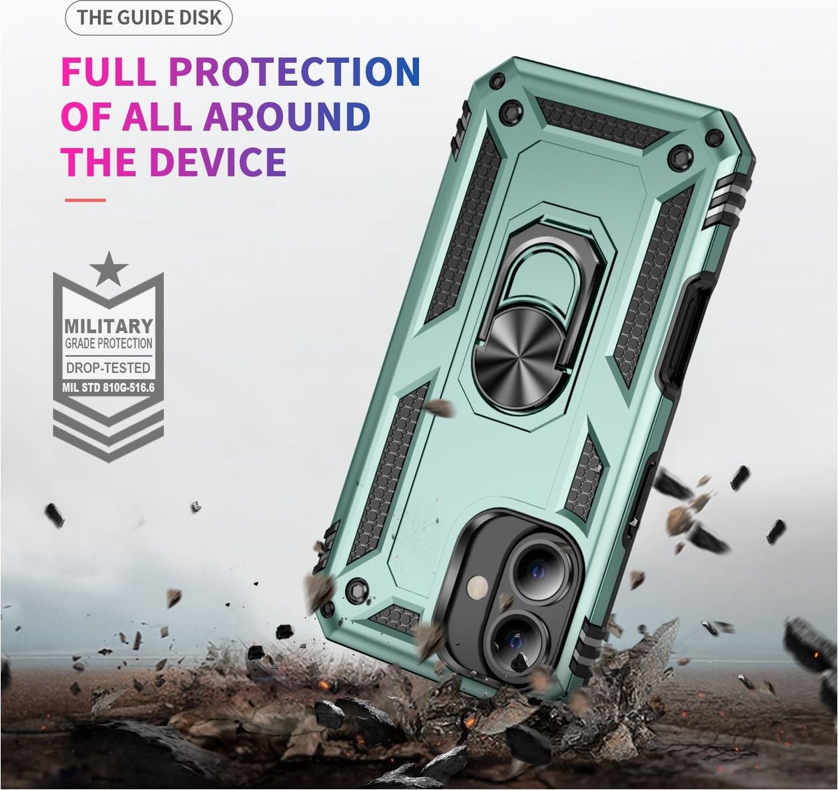 Mobigear Hoesje geschikt voor Apple iPhone 16 Plus Telefoonhoesje Hardcase | Mobigear Armor Ring Backcover Shockproof met Ringhouder | Schokbestendig iPhone 16 Plus Telefoonhoesje | Anti Shock Proof - Groen