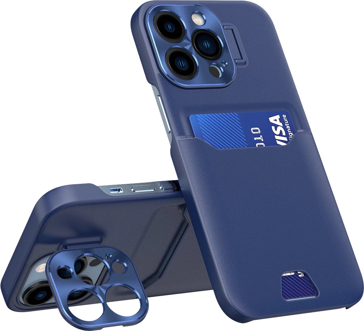 Leren - standaard - hoesje voor de Samsung Galaxy S23+ kaarthouder met blauwe standaard