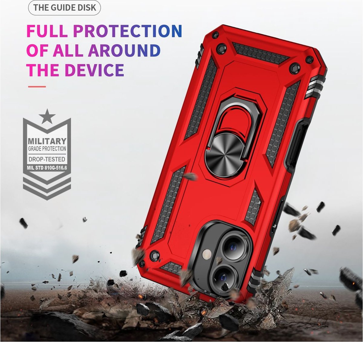 Mobigear Hoesje geschikt voor Apple iPhone 16 Plus Telefoonhoesje Hardcase | Mobigear Armor Ring Backcover Shockproof met Ringhouder | Schokbestendig iPhone 16 Plus Telefoonhoesje | Anti Shock Proof - Rood