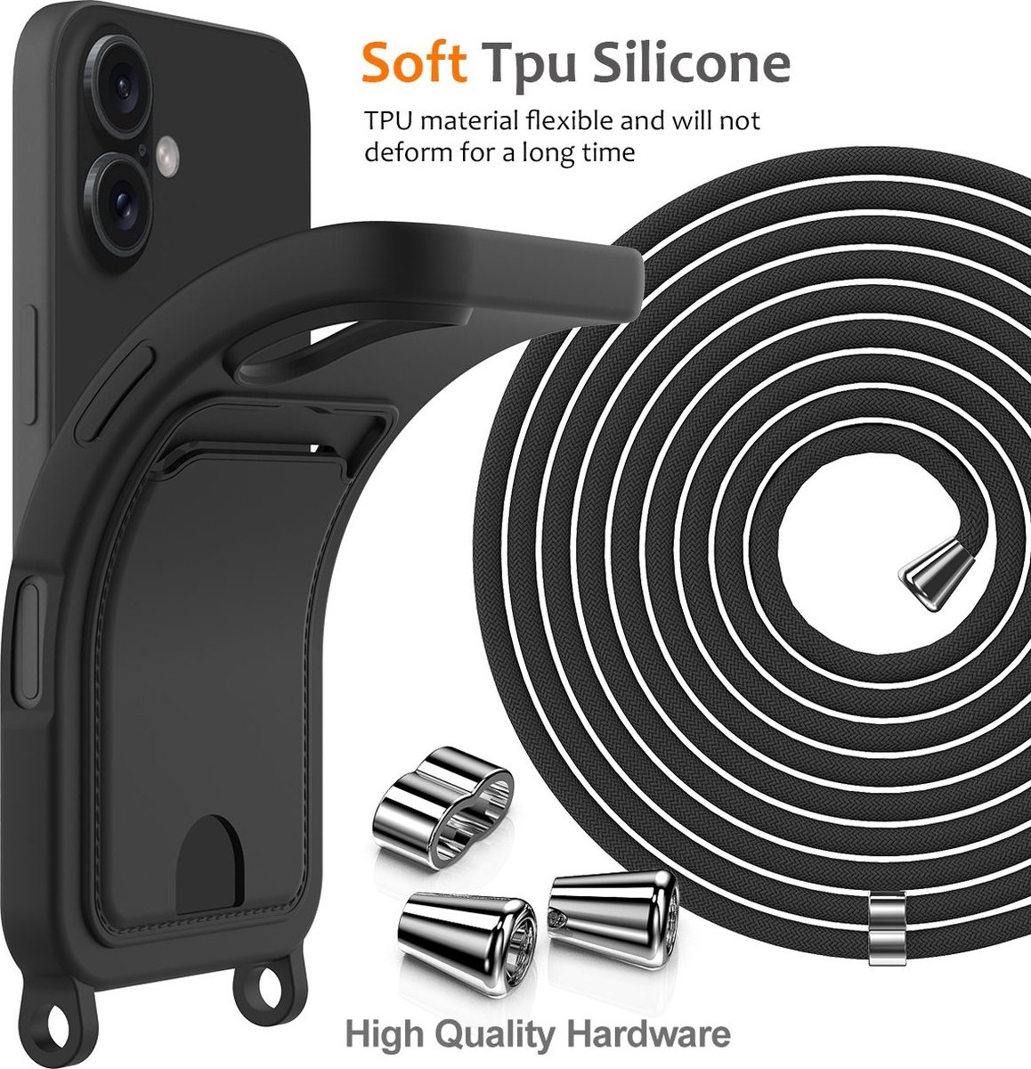 Mobigear Telefoonhoesje geschikt voor Apple iPhone 16 Plus Siliconen met Kaarthouder | Mobigear Lanyard Card Hoesje met koord en Pasjeshouder | Kaarthouder voor 1 Pasje | hoesje met koord Telefoonhoesje voor Pinpas / OV Kaart / Rijbewijs - Zwart
