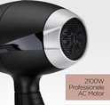 Zwarte BaByliss haardroger met 2100W professionele AC motor en zilverkleurige rand.
