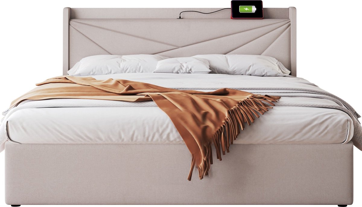 Merax Gestoffeerd Bed met USB Type C Oplaadfunctie en Opbergruimte - 160x200 cm - Beige Linnen - Met Lattenbodem - Geschikt als Logeerbed
