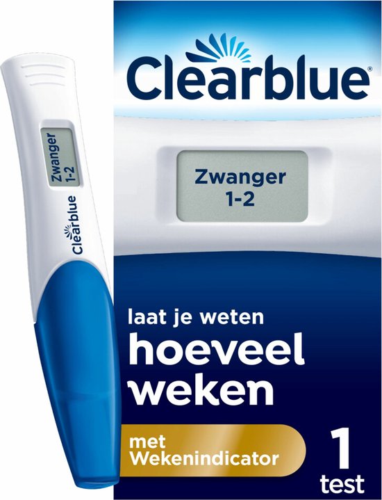 Clearblue zwangerschapstest met blauwe grip toont "Zwanger 1-2". Doos met "laat je weten hoeveel weken" en "1 test".