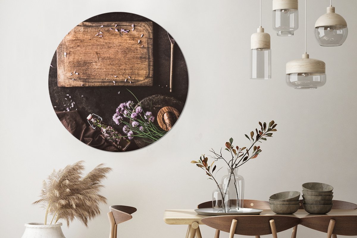WallCircle® Wandcirkel 140x140 cm - Muurcirkel Snijplank - Kruiden - Lepel - Keuken - Rustiek - Vijzel - Bieslook - Muurdecoratie woonkamer - Wanddecoratie slaapkamer - Kamer decoratie accessoires - Ronde schilderijen