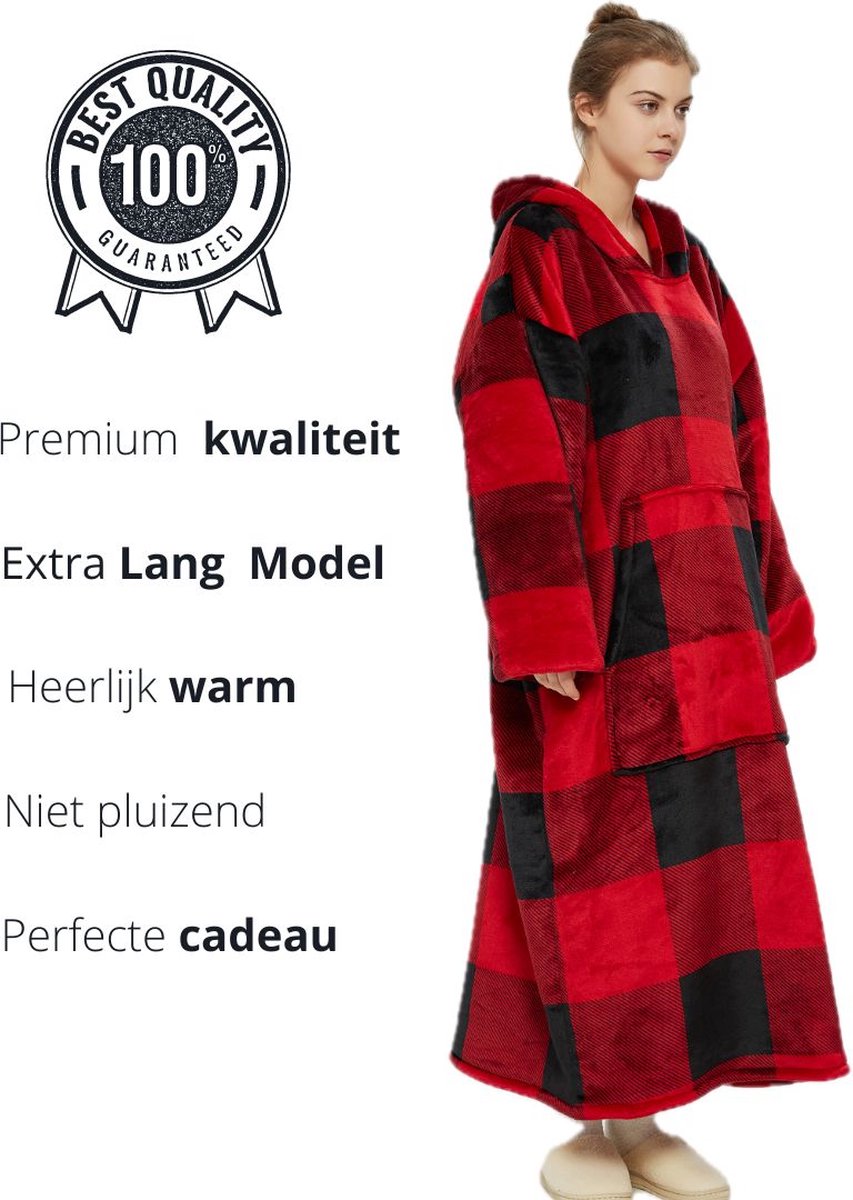 Q-Living Hoodie Deken - Extra Lang & Dik - Plaid Met Mouwen - Snuggle Hoodie - Fleece Deken Met Mouwen - Rood Zwart Extra Lang — cadeau in Wonen & Interieur - foto 2
