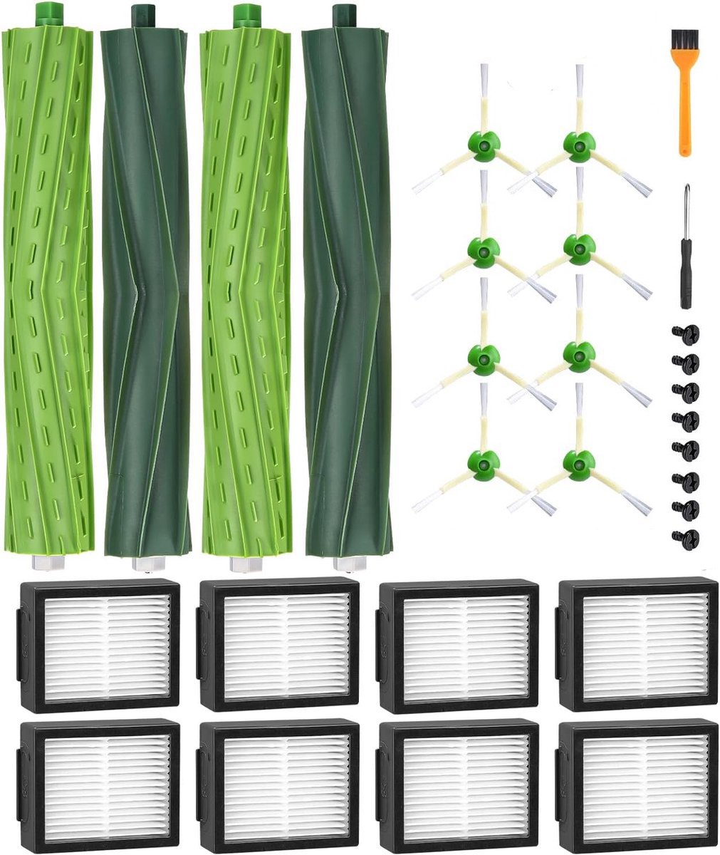 Reserveonderdelen geschikt voor iRobot Roomba E/I/J-serie, i7 i7+ i3 i3+ i4 i4+ j7 E5 E6, borstelaccessoires geschikt voor iRobot Roomba, 2 sets rubberen borstels,8 hoogwaardige filters, 8 zijborstels