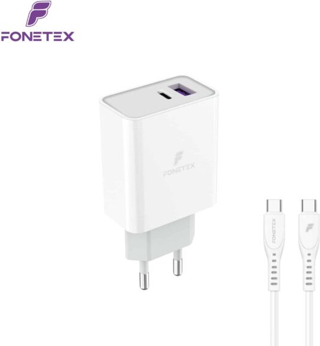 FoneTex 20W-wandoplader met 2 poorten en USB-C-oplaad voor iPhone 15 Series / 16 Series iPad en meer inclusief USB-C-kabel van 1M - Geschikt voor iPhone - Geschikt voor Samsung