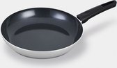 Grijze Brabantia koekenpan met zwarte steel. De pan heeft een keramische antiaanbaklaag.