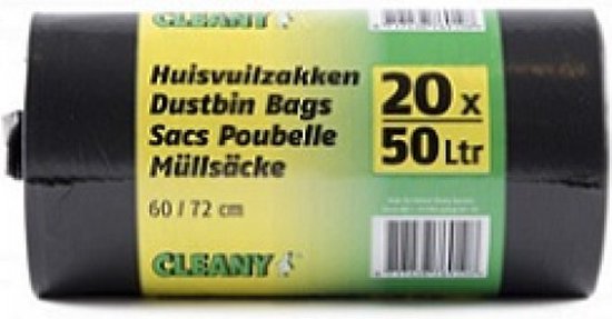 Cleany vuilniszakken: 20 stuks, 50 liter, 60/72 cm.
