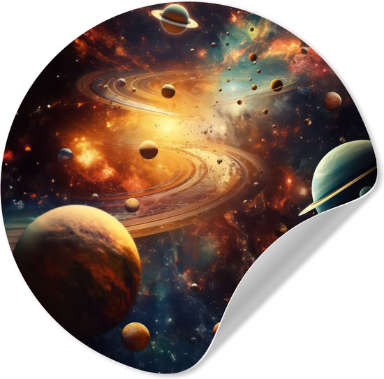 Sticker mural rond, détaché, montrant une vue détaillée des planètes.