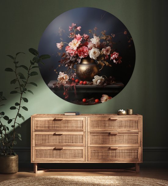 WallCircle® - Cercle de papier peint 120x120 cm - Stickers muraux Nature morte - Fleurs - Roses - Bouquet - Vase - Cercle mural salon - Cercle mural chambre - Décoration de pièce autocollante - Accessoires de Décoration murale XXL
