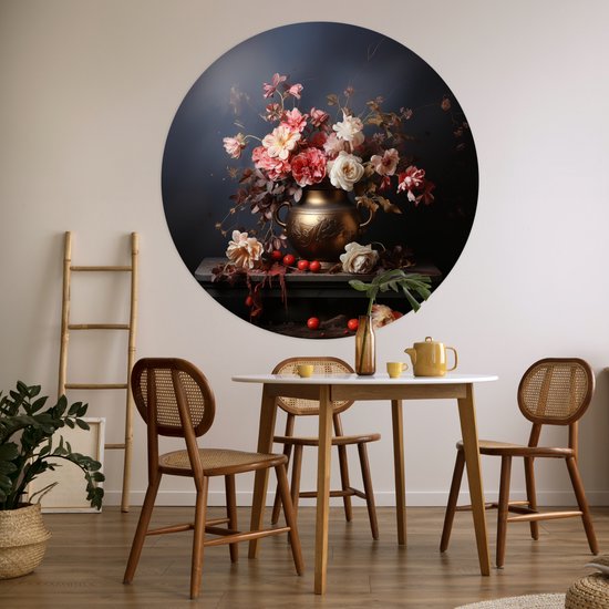 WallCircle® - Cercle de papier peint 120x120 cm - Stickers muraux Nature morte - Fleurs - Roses - Bouquet - Vase - Cercle mural salon - Cercle mural chambre - Décoration de pièce autocollante - Accessoires de Décoration murale XXL
