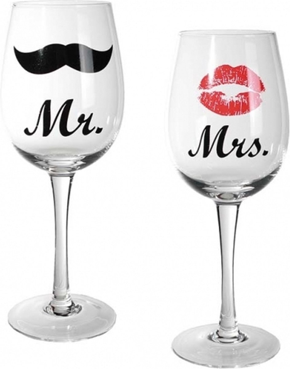 Bol.com Mr & Mrs Wijnglazen - Wijnglas - 430 ML - 2 Stuks aanbieding