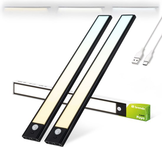 Brendz Keukenverlichting Onderbouw LED, Onderbouwverlichting, 2 x 40cm, USB-C Oplaadbare Led-Strip, 2200mAh, 3 Kleurtemperaturen, Dimbaar, Magnetisch, Keukenverlichting Draadloos, Kastverlichting, Puyo Zwart