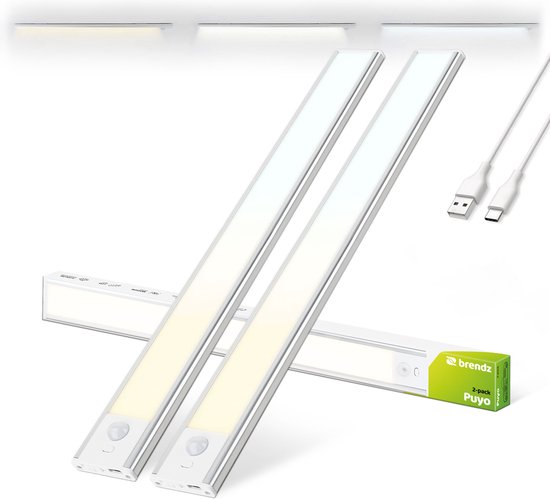 Brendz Keukenverlichting Onderbouw LED, Onderbouwverlichting, 2 x 40cm, USB-C Oplaadbare Led-Strip, 2200mAh, 3 Kleurtemperaturen, Dimbaar, Magnetisch, Keukenverlichting Draadloos, Kastverlichting, Puyo Zilver