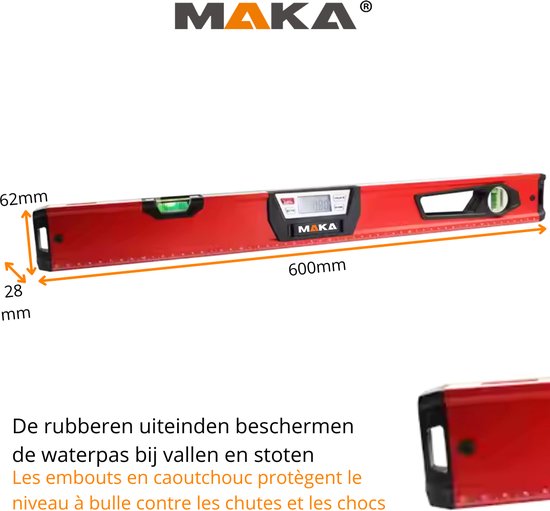 Rode MAKA waterpas van 600mm met groene waterpasbollen en digitale display. Afmetingen: 62mm hoog, 28mm dik.