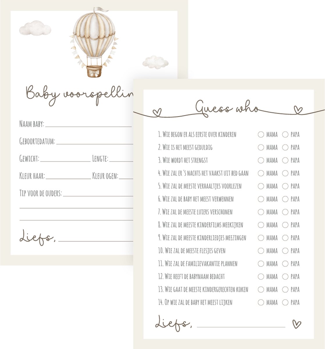 Unieke Ukkies Babyshower invulkaarten Balloon & Guess Who - 2 x 10 stuks - A6 formaat