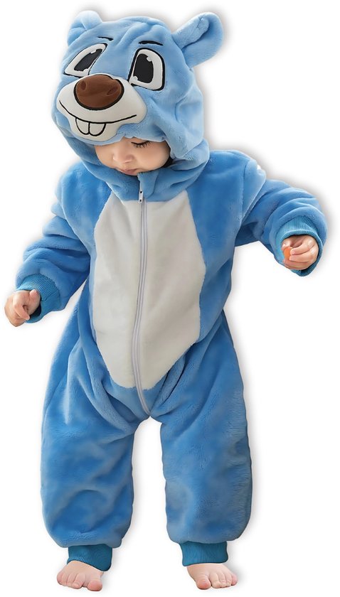 BoefieBoef Dieren Baby Onesie Peuter Pyjama Kinderen 6 maanden - 2 jaar – Hamster – Verkleedkleding met Luierrits – Voor Carnaval, Halloween, Kerst- en Kraamcadeau – Flanel - Romper - Boxpak - Jongens - Meisjes - Kruippak - Winterpak - Blauw - Konijn