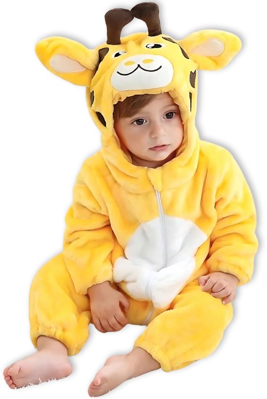BoefieBoef Dieren Kleuter Onesie Peuter Pyjama Kinderen 2 tot 4 jaar – Verkleedkleding met Luierrits – Carnaval Dierenpak - Kerst en Kraamcadeau - Zacht Flanel - Baby Romper - Boxpak - Jongens - Meisjes - Kruippak - Winterpak - Giraffe Geel Animal
