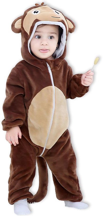 BoefieBoef Dieren Kleuter Onesie Peuter Pyjama Kinderen 2 tot 4 jaar – Verkleedkleding met Luierrits – Carnaval Dierenpak - Kerst en Kraamcadeau - Zacht Flanel - Baby Romper - Boxpak - Jongens - Meisjes - Kruippak - Winterpak - Aap Bruin Monkey