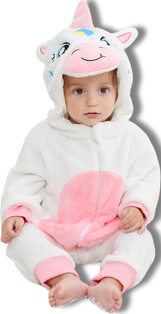 BoefieBoef Dieren Onesie Pyjama Kinderen 6m-2jr – Eenhoorn wit – Verkleedkleding met Luierrits – Carnaval Dierenpak - Kerst en Kraamcadeau Tip – Zacht Flanel - Romper - Boxpak - Jongens - Meisjes