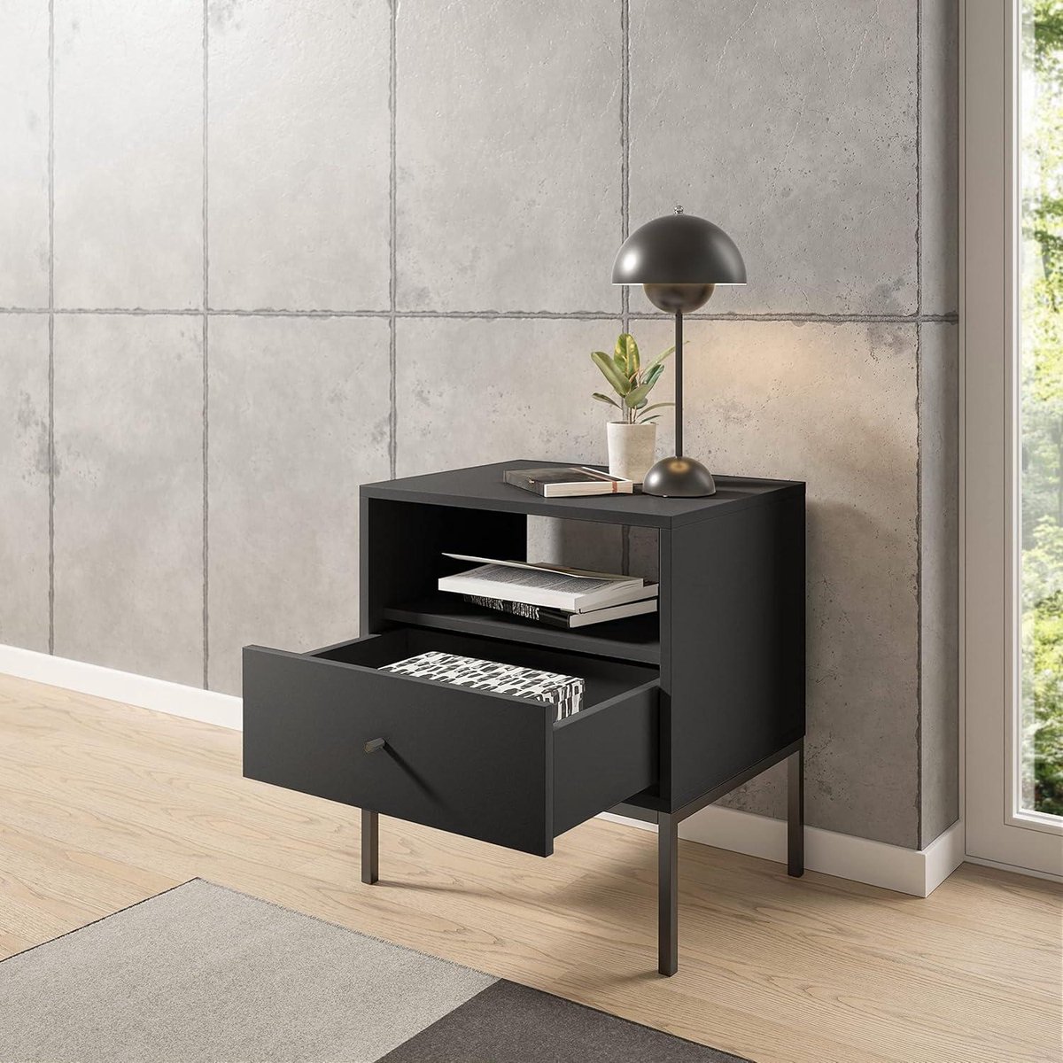 Vida Designs Groot walnoot nachtkastje, 1 lade met metalen
