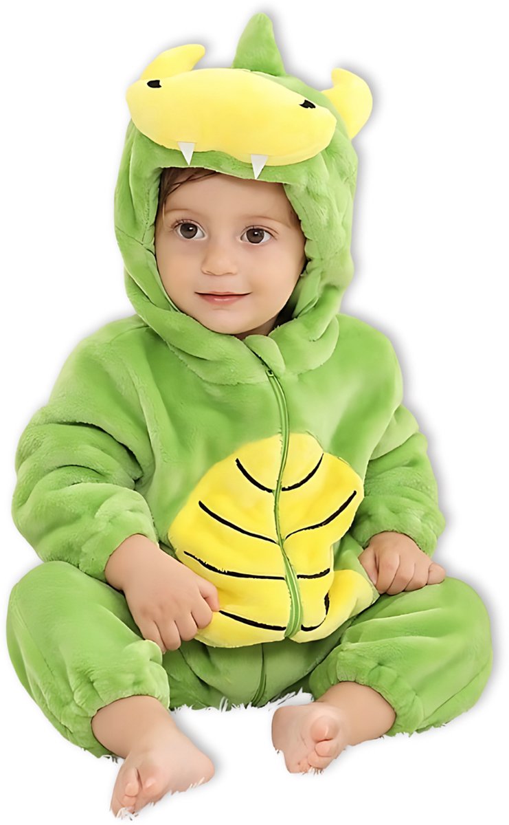 BoefieBoef Dieren Baby Onesie Peuter Pyjama Kinderen 6 maanden tot 2 jaar – Draak – Verkleedkleding met Luierrits – Kerst Carnaval Dierenpak - Kraamcadeau – Zacht Flanel - Romper - Boxpak - Jongens - Meisjes - Kruippak - Winterpak - Groen - Dragon
