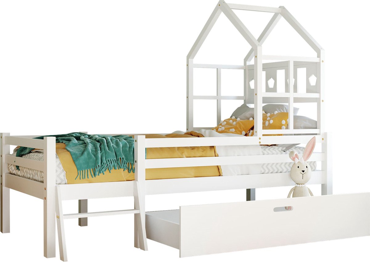 Merax Kinderbed met Lade - Massief Hout - Wit - 90x200 cm - Eenpersoonsbed met Lattenbodem en Uitvalbeveiliging