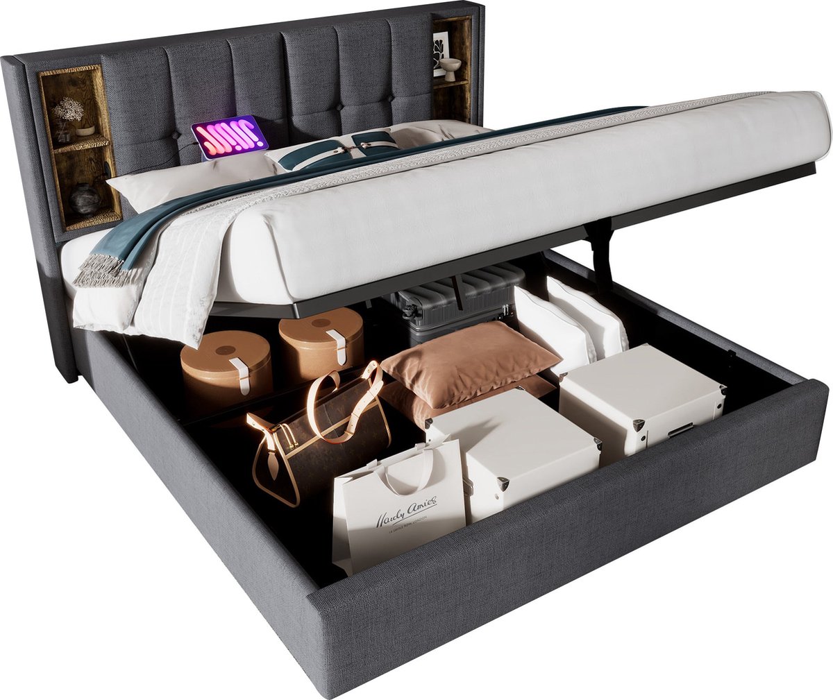 Merax Dubbelbed 160x200 cm met Draadloze Oplader - Gestoffeerd Bedframe met Opbergruimte en Pocketvering Matras