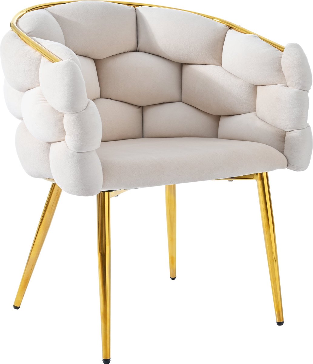 Merax Velvet Eetkamerstoel – Beige – Luxe Design Stoel – Gouden Metalen Poten – Comfortabele Zitting – Moderne Stijl