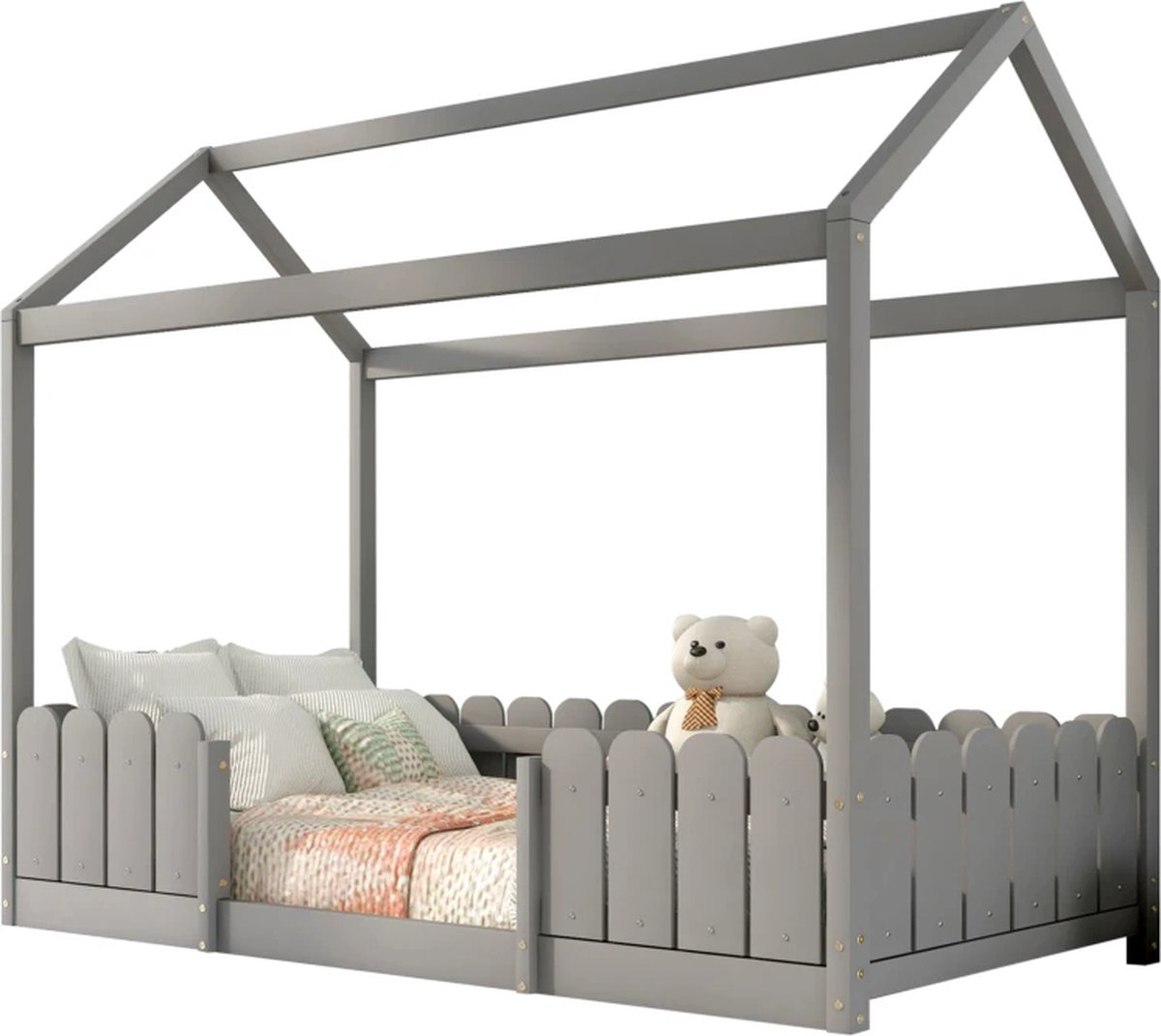 Merax Huisbed 90x200 cm – Kinderbed met Valbeveiliging en Lattenbodem – Speels Houten Bedframe – Grijs