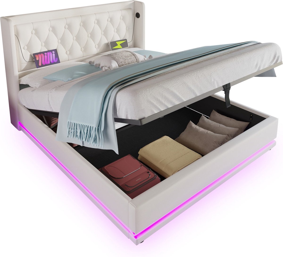 Merax Gestoffeerd Tweepersoonsbed 140x200 cm - Hydraulisch Opbergbed met Witte PU Bekleding - Gevoerde Hoofdbord met USB Type-C Oplaadfunctie - 3-zijdige LED Verlichting - Inclusief Matras