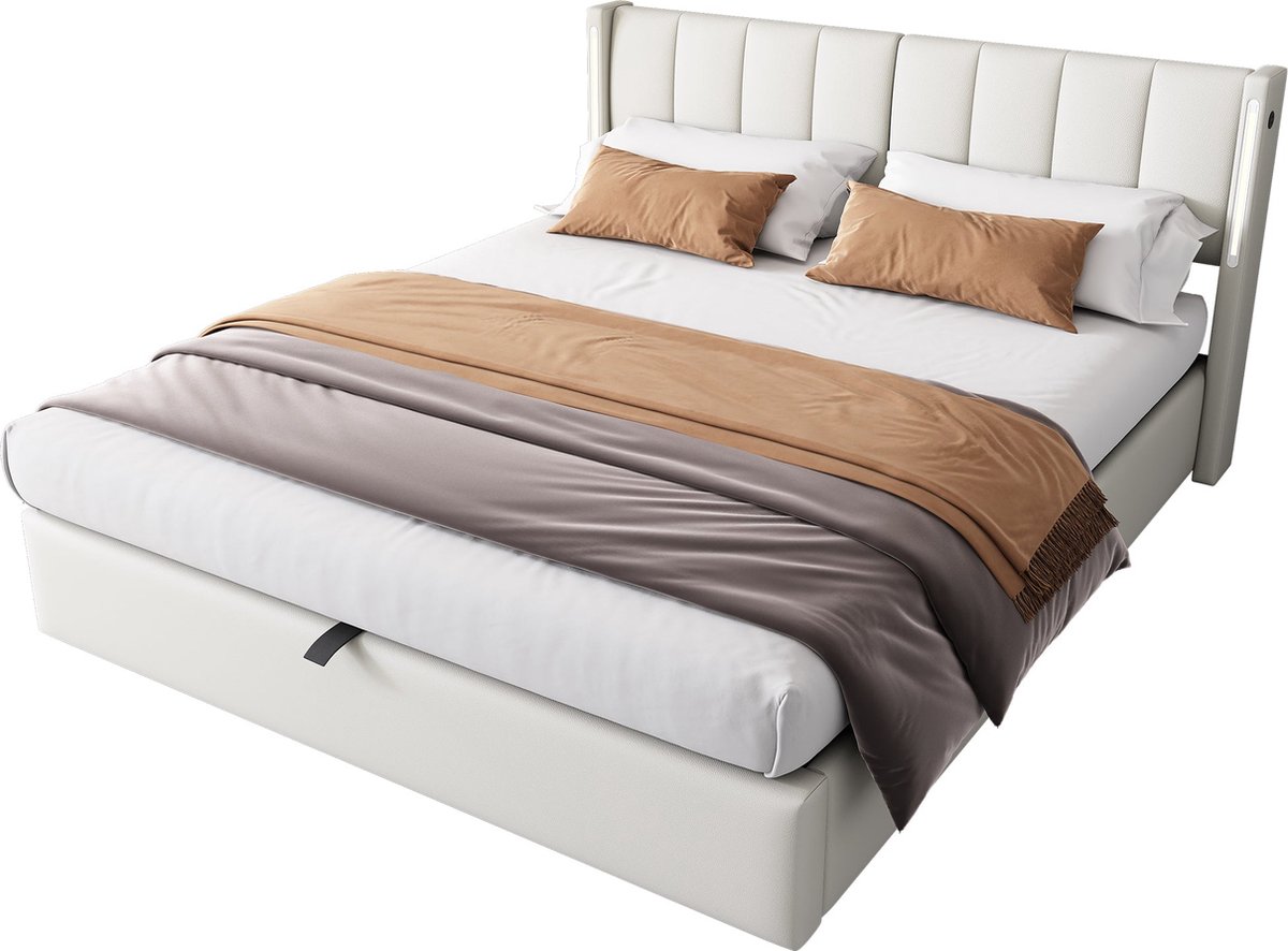 Merax Tweepersoonsbed met Hydraulisch Opbergruimte en LED Verlichting - Bed 140x200 cm met USB Aansluiting en Verstelbaar Hoofdbord - Kunstleer Wit