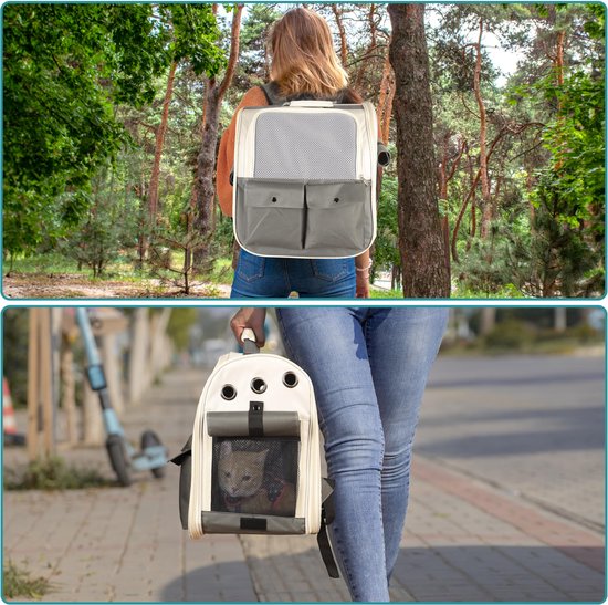 Femme portant un sac à dos gris et blanc dans le dos dans la forêt. Femme portant le sac à dos avec un chat à l'intérieur en ville.