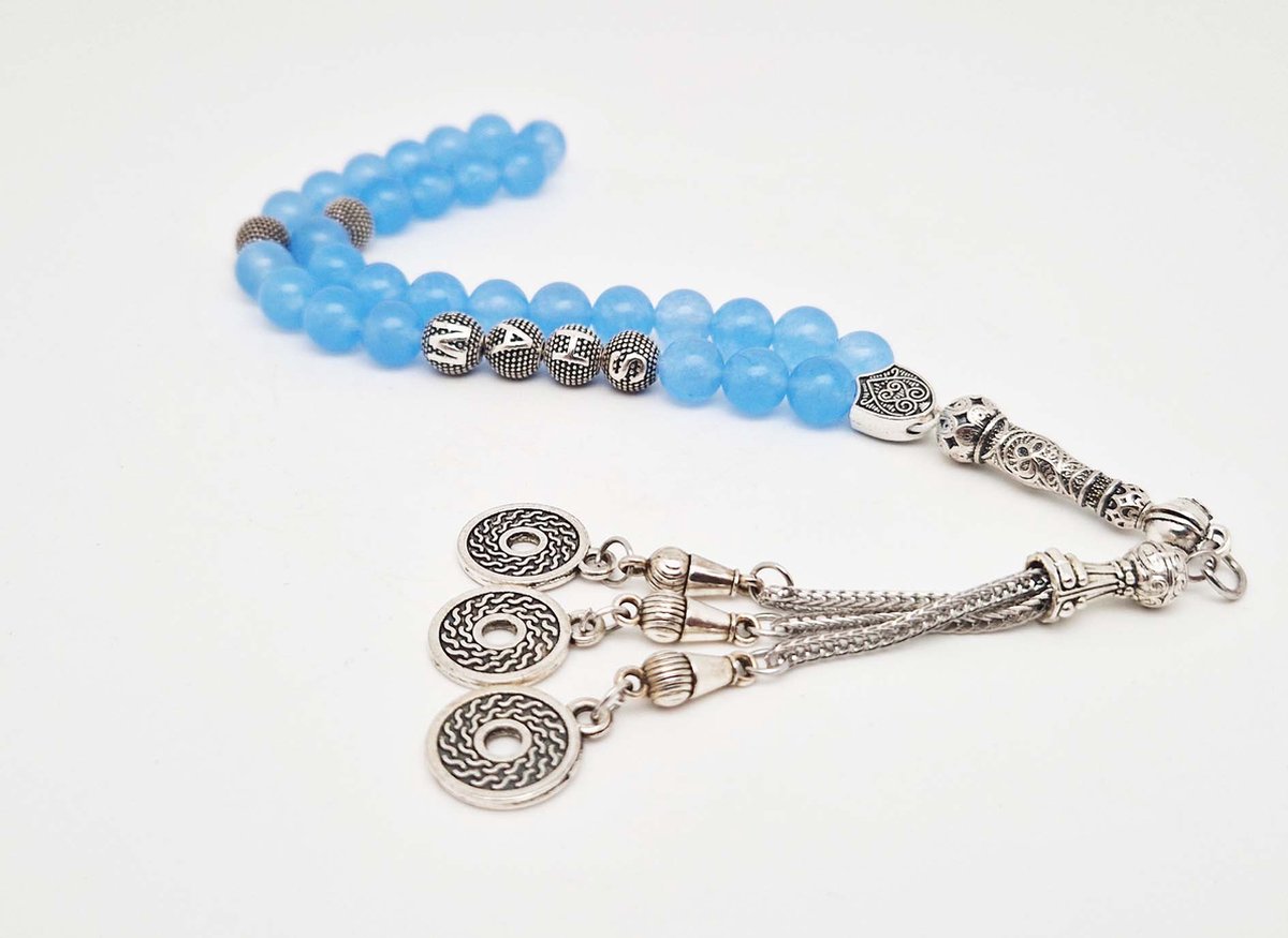Handgemaakte naam tasbih 33 Kralen Natuursteen “ Blauwe Jade ” - met metaal tassel “Omarmen"- Met je naam of de naam van uw geliefde- 8 mm diameter van de korrel