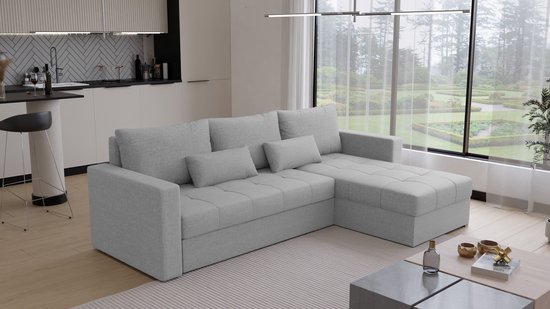 Hoekbank Kreta - Universeel - Stof - Grijs - Slaapbank met opbergruimte - Links of Rechts - Direct Leverbaar - Hoekzetel - Chaise longue - Zetel met slaapgedeelte - 3 zits - Zitcomfort stevig