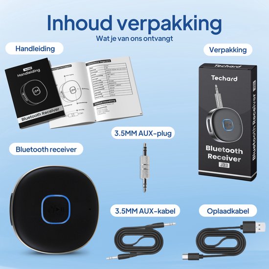 Inhoud verpakking: Handleiding, zwarte Techard Bluetooth-ontvanger, verpakking, 3,5 mm AUX-stekker, AUX-kabel en oplaadkabel.