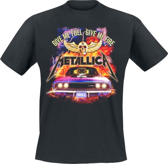 Zwart T-shirt met opdruk van een auto met de tekst 'GIVE ME FUEL GIVE ME FIRE METALLICA'.