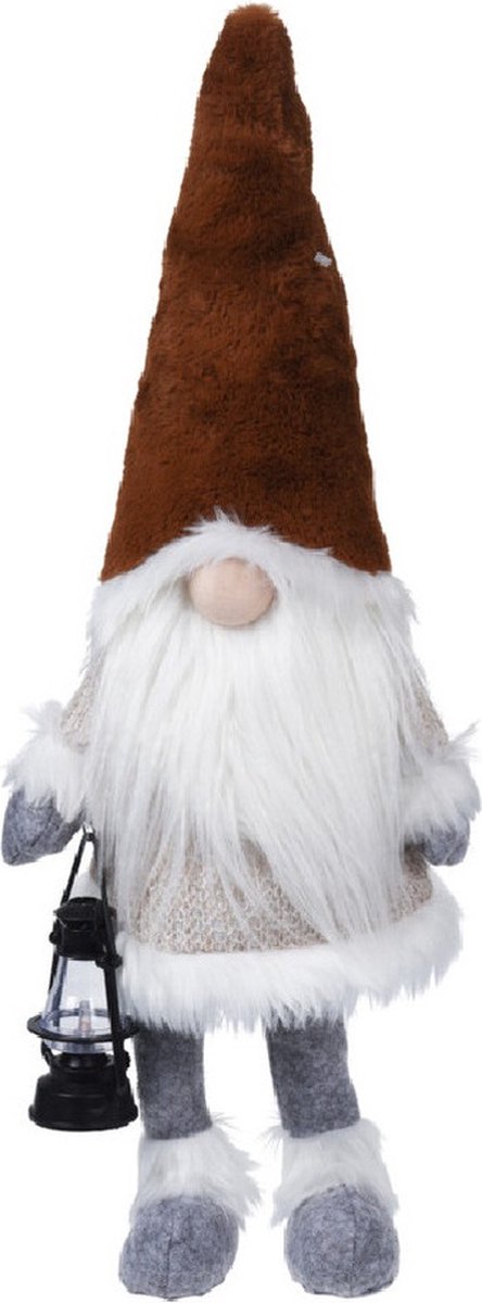 Moderne kerstman kabouter pop van 51 cm hoog in bruin pluche met LED-verlichting, perfect voor feestelijke decoratie.
