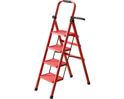 OFMOTRA Huishoudtrap 4 treden - keukentrap - Inklapbar/opvouwbar - antislip - 150kg Draagkracht - Max werkhoogte: 298 cm - Rood
