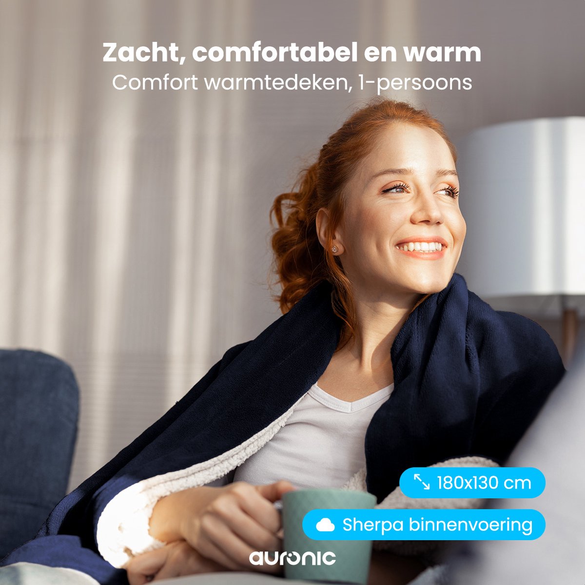 Afbeelding 2 van Auronic Elektrische Deken - Warmtedeken - Sherpa Fleece - 9 Hitte en Timerstanden - Bovendeken - 180x130 - 1 persoons - Blauw