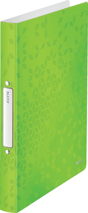Groene Leitz ringband met geometrisch patroon en een leeg etiket op de rug.