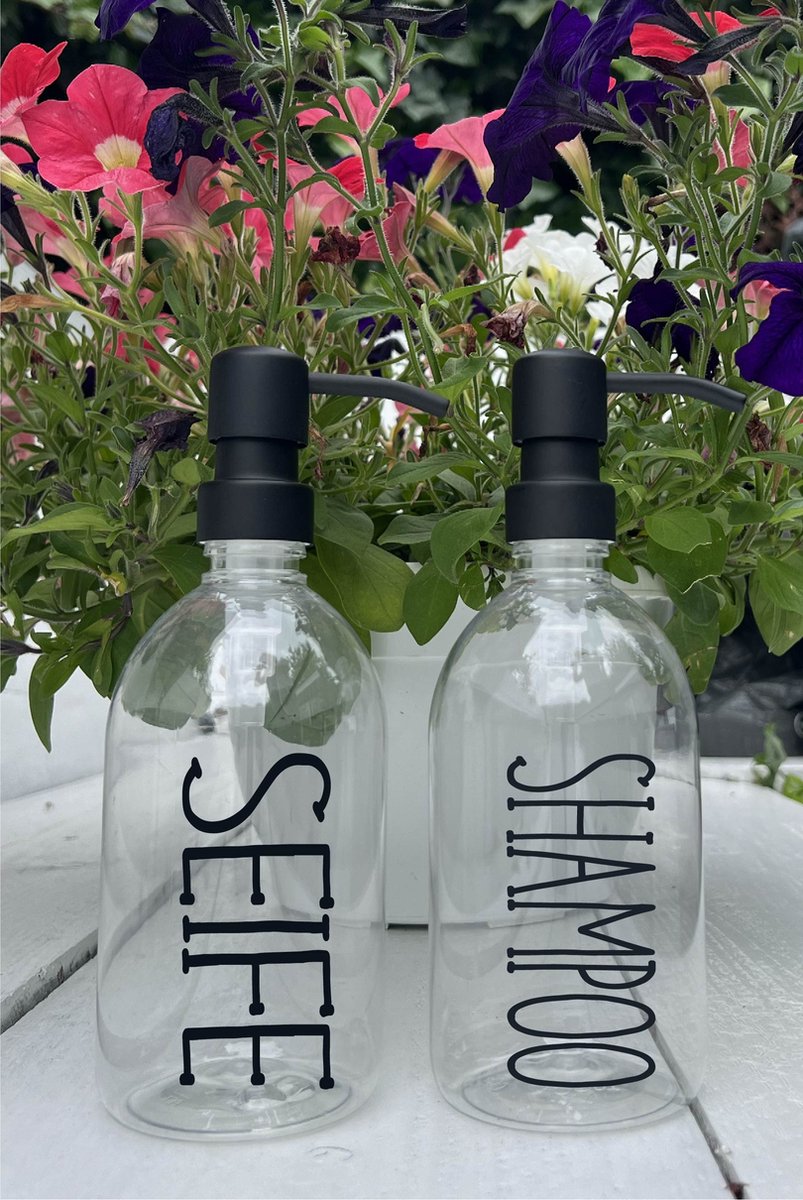 BBBLS® Design Dispenser Giftset "Seife Shampoo" | Transparant Glas | 500ml | RVS / Metaal Pomp Zwart | Zeeppomp | Zeepdispenser | Zeephouder