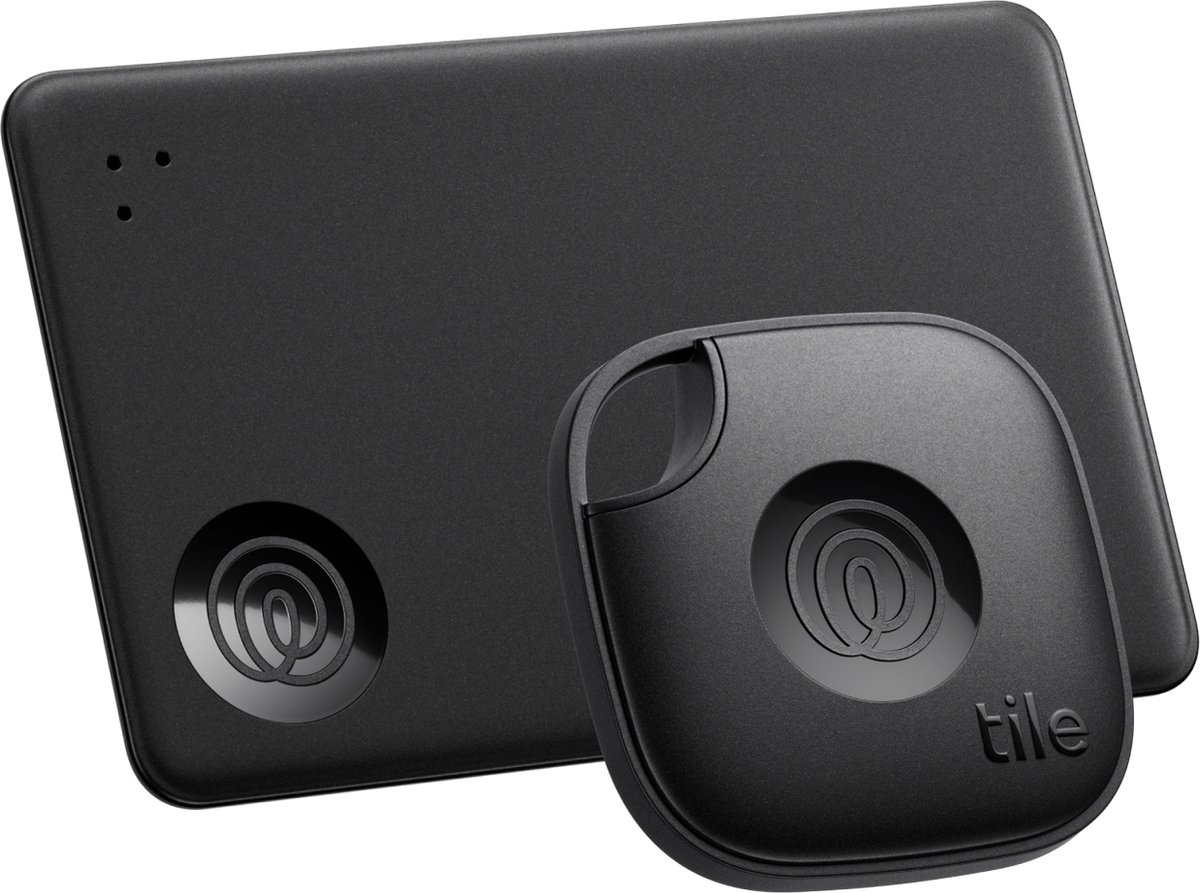 Life360 Tile Starter Set - Krachtige Bluetooth trackers voor sleutels, tassen, portemonnee en meer - 2-Pack in Zwart (1x Mate/ 1x Slim)