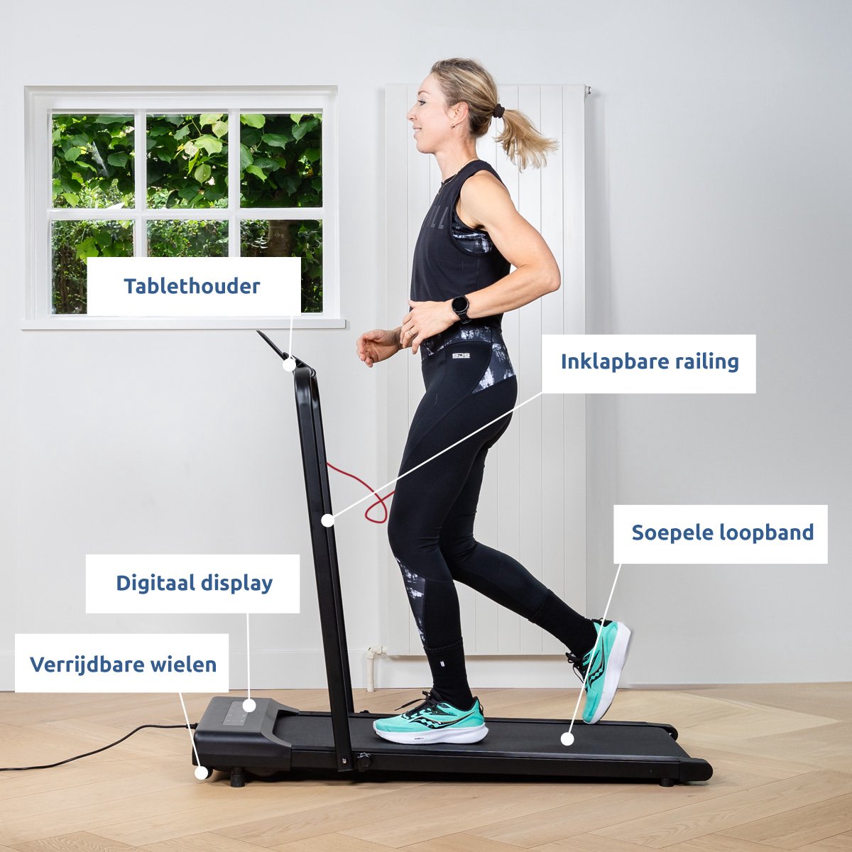 Afbeelding 3 van BluMill Loopband Inklapbaar – 1-10km/u- Wandelband - Led Display en Afstandsbediening – Inc. Tablethouder en Fitness App – Ideaal voor onder sta bureau -Treadmill